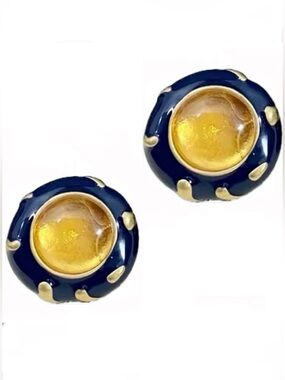 TORY BIRCH GOLD & NAVY BLUE PAINTED STATEMENT STUD EARRINGS